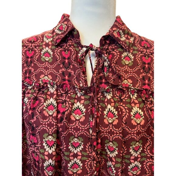 GB Floral Print Long Sleeve Blouse‎ Size Large With Tie Neck & Ruffled Cuffs - Picture 2 of 8